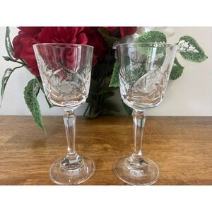 Vintage Bohemia Crystal‎ Pinwheel Cut Cordial Glasses Etched Stemware Pair